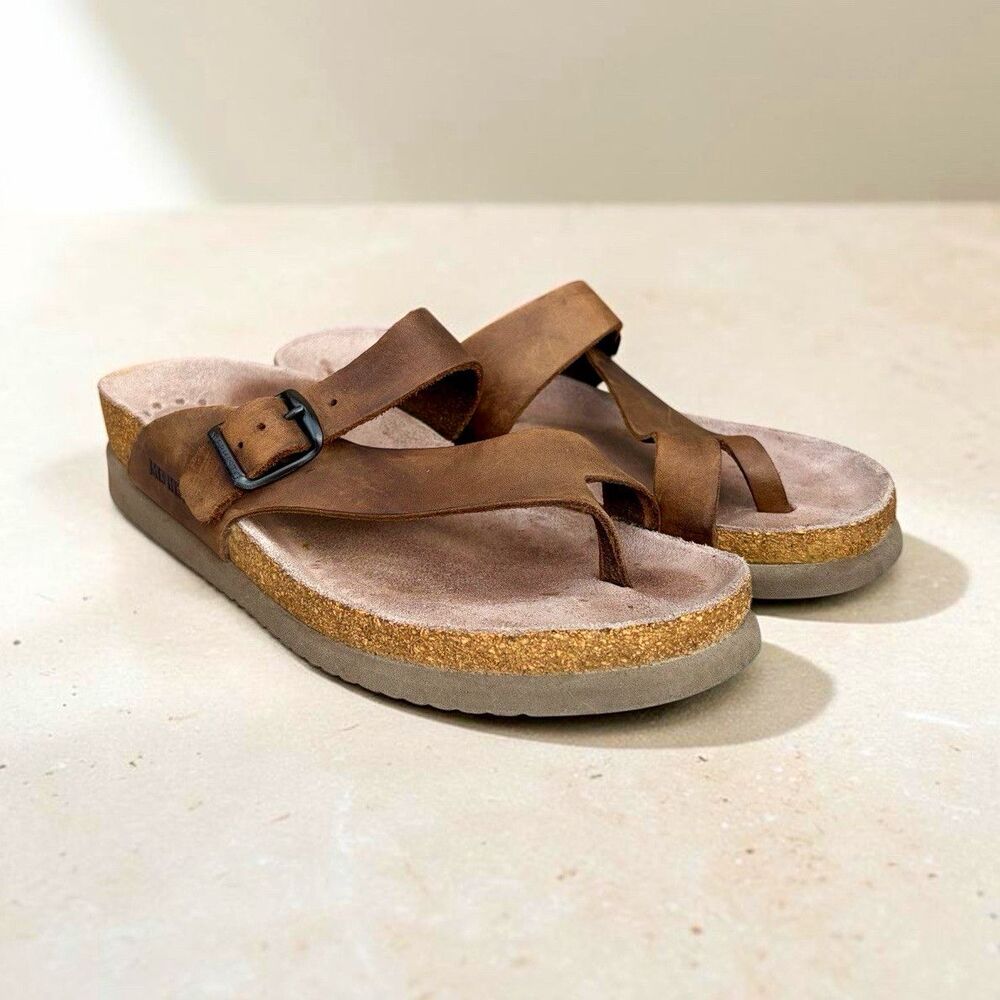 Mephisto Helen Womens 38 Brown Leather Toe Loop Cork Footbed Comfort Sandals